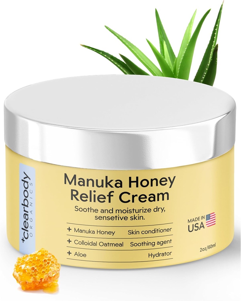 Clearbody Organics Manuka Honey Cream - 2 fl oz, Pack of 1 - Sothing Eczema Cream - Deep Hidration with Colloidal Oatmeal - Instant Manuka Relief for Dry, Itchy Skin