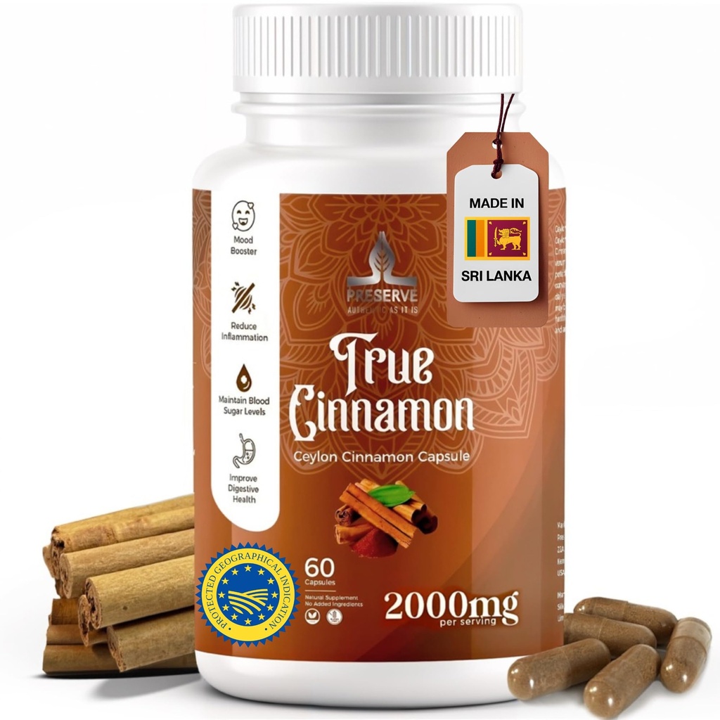 Ceylon Cinsules murni, 2.000mg, Dua Bulan Tambahan 124; Dibuat di Sri Lanka 124; Non-GMO, Gluten- Free, Cinnamomum sejati dari Sri Lanka, 100% Cinnamon Murni (NOT Mix with Cassia).