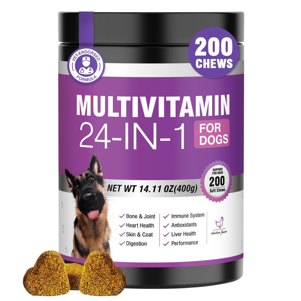 24- 1 DogVitamin dan Suplemen 200 Ct Dogs Multivitamin Chewable Contain Chondroitin Omegaga- 3 Glucosamine untuk Dogs Skin Heart Joint Gut Liver Brain Immune - Chicken