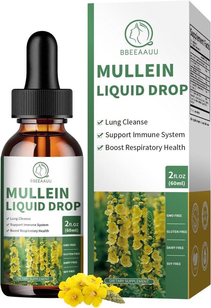 Mulein Drops for Lungs, 16- 1 Mullein Leaf Extract for Lung Cleanse, Respiration, Imunity, with Quercetin, Marmmarllow, Black Cumin Seed, Elderberry, Mullein Liquid, Non-GMO, 2 Fl Oz