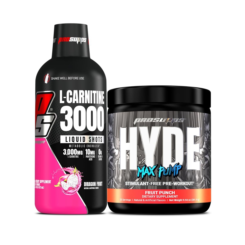 PROSUPPS L- Carnitine 3000 Stimulant Free Liquid Shots (Dragon Fruit) dan Hyde Max Pompa Pompa Kerja untuk Pria dan Wanita (Fruit Punch) Bundle