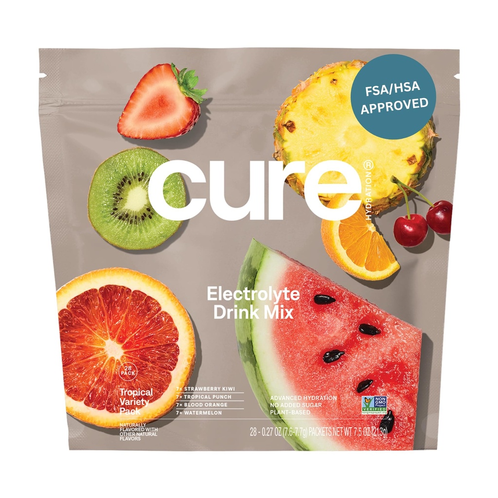 Cure Hidration 14; Plant - berbasis Electrolyte Drink Mix 124; No Added Sugar 14; FSA- HSA 124; Dehidrention Relief Pouder Made with Coconut Water 124; Non-GMO 124; Vegan 124; 28 Pack
