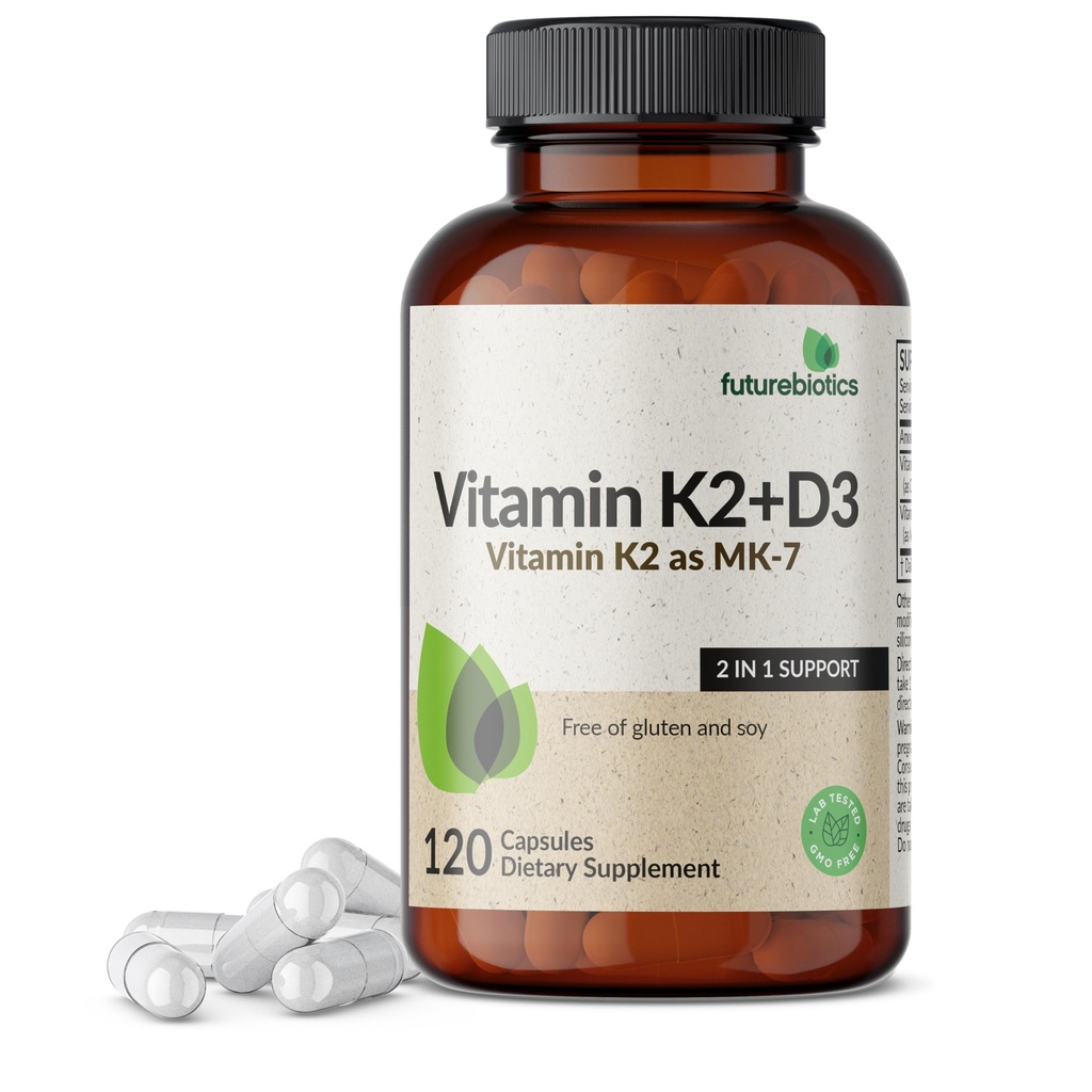Futuregranity Vitamin K2 (MK7) dengan D3 Tambahan - Non- GMO Formula - 5000 IU Vitamin D3 & 90 mcg Vitamin K2 MK-7, 120 Vegetarian Capsules