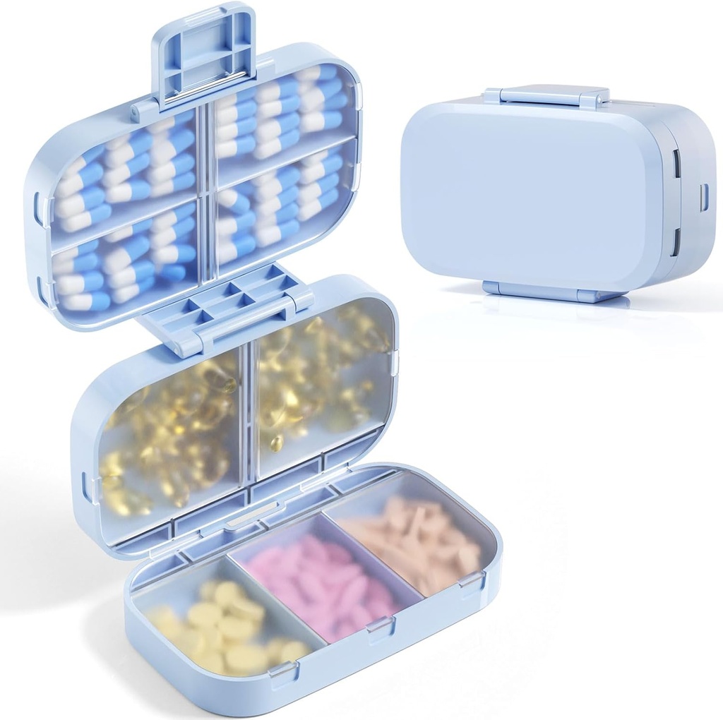 MeaCOLIA Triple Folding Pill Organizer, 9 Kompartemen Kasus Pill dengan Kapasitas Besar, Kontainer Pil Harian untuk Vitamin, Minyak Cod Liver, Suplemen (Biru)