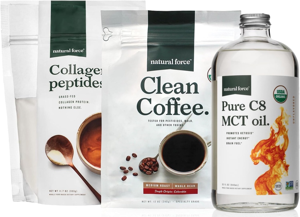 Natural Force Clean Coffee, Collagen Peptides, dan C8 MCT Oil Bundle - Toxin Free Coffee, Grass Fed Collagen, & MCTs - Non-GMO, Keto, & Paleo - 12 Oz, 11.7 Oz, 32 Oz
