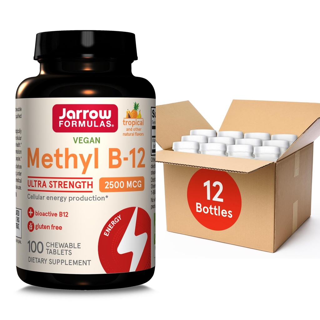 Jarrow Formula Ultra Energy Metil B-12, Dietary Supplement for Cellular Energy Production, 100 Tropical- Flavored Chewable Tablets, Up to a 100 Day Supply, Pack of 12