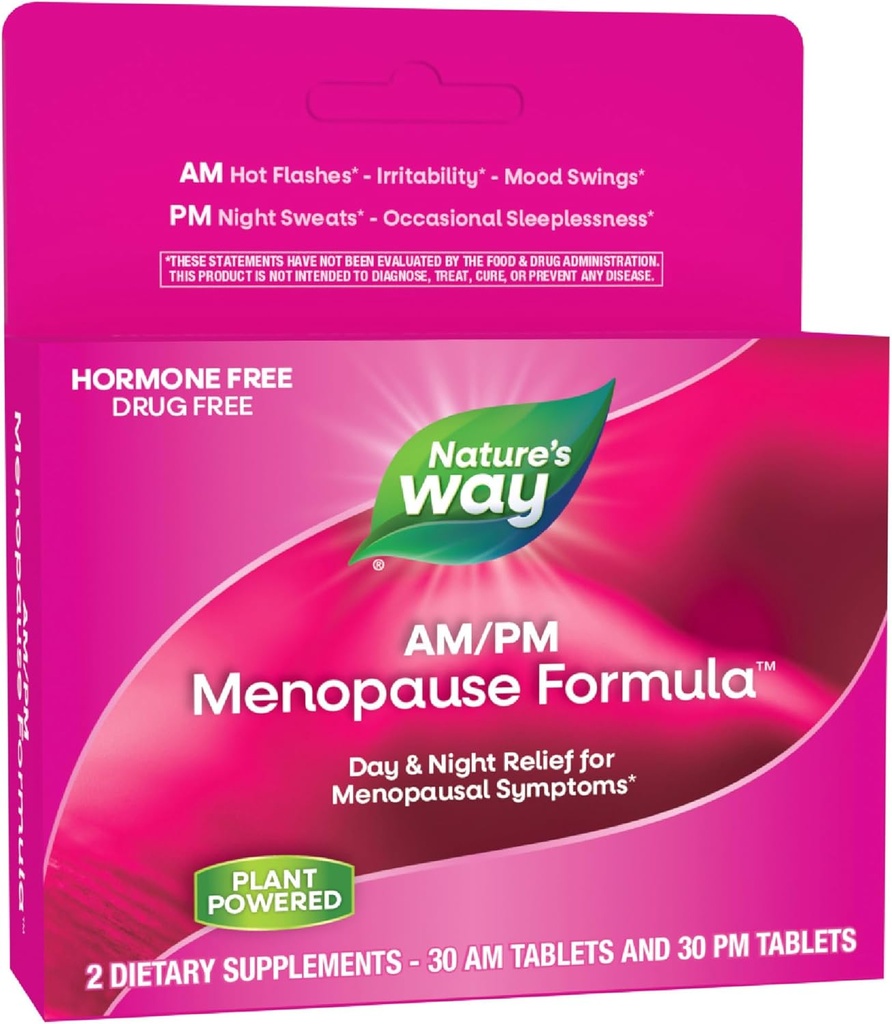 Suplemen Nature 's Way AM / PM Menopause untuk Perempuan, Hot Flash Relief *, Night Sweats *, Refulful Sleep *, Mood Swings *, Formulas Bebas dengan Black Cohosh, Theanine, Valerian, 60 Tablet