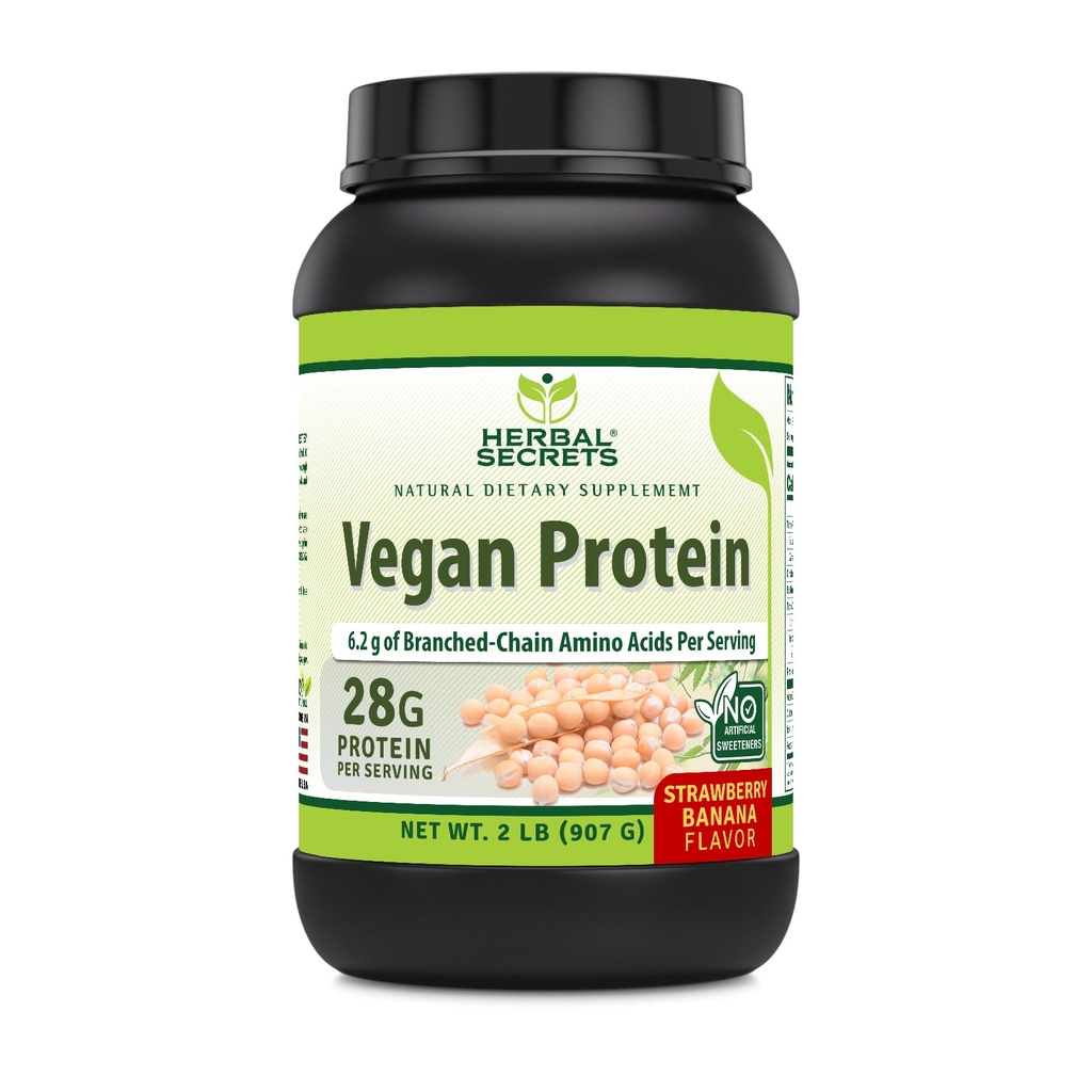 Herbal Secrets Vegan Protein 124; 28 Grams Protein 124; 23 Servings 12.4; 6.2 Grams BCAA Suplemen; Dibuat di USA (2 Lb, Strawberry Banana)