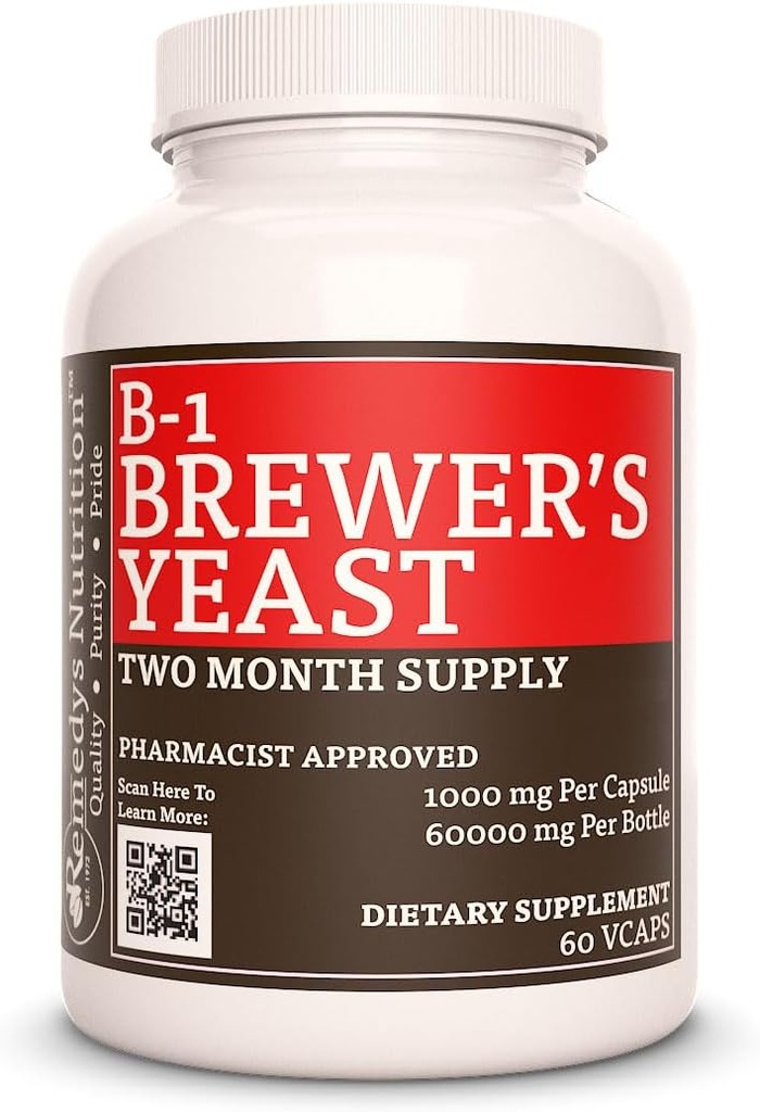 Bidang Nutrition Remedy B-1 dengan Brewers Yeast 124; 1.000 mg, 60 Vegan Kapsul Dietary Supplemen Dua Bulan