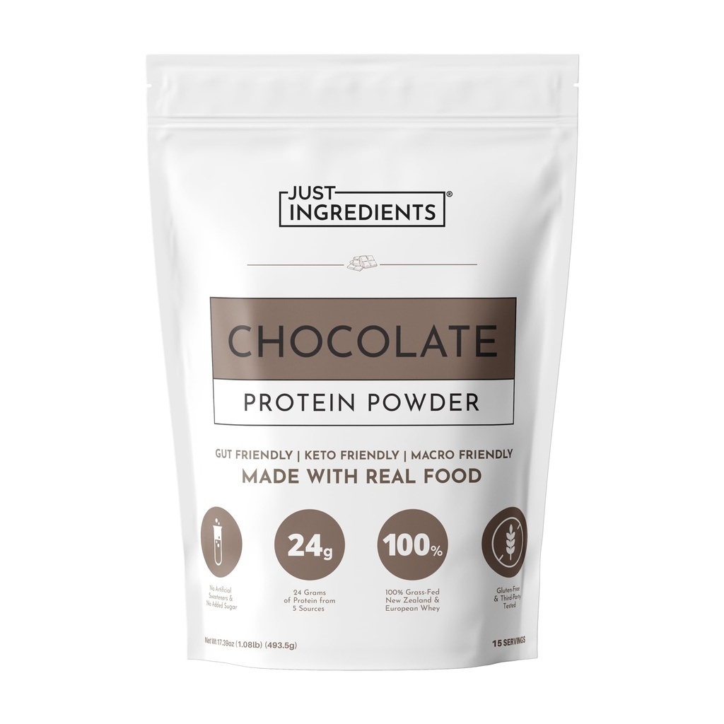 Hanya INGREDIENTS Protein Powder 124; 15 pelayan: 124; 24g Protein 14; Chocolate Flavor dibuat dengan 100% Grass- Fed, Non- Denature Whey 124; Lima Sumber yang berbeda dari Organik Food Ingreations