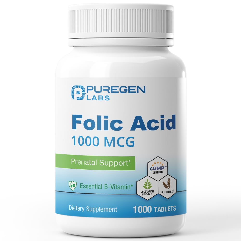 Puregen Labs Folic Acid 1000 mcg Tablet 126; Vitamin B9 124; None-GMO 124; Gluten Free 124; Made in USA 124; Nilai Ukuran 1000 Tablet