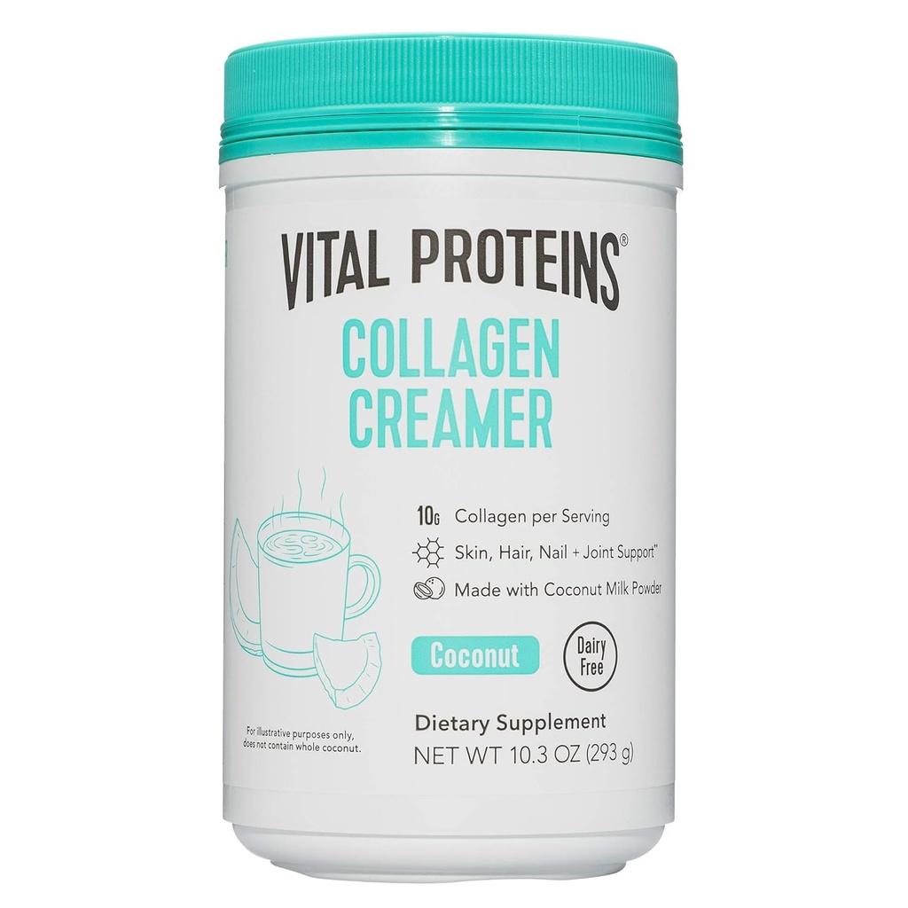 Protein Vital Collagen Coffee Creamer, Non Dairy & Low Sugar Powder with Collagen Peptides Suplemen - Mendukung Rambut Sehat, Kulit, Nails dengan Energi - Boosting MCTs - Coconut 10.3oz