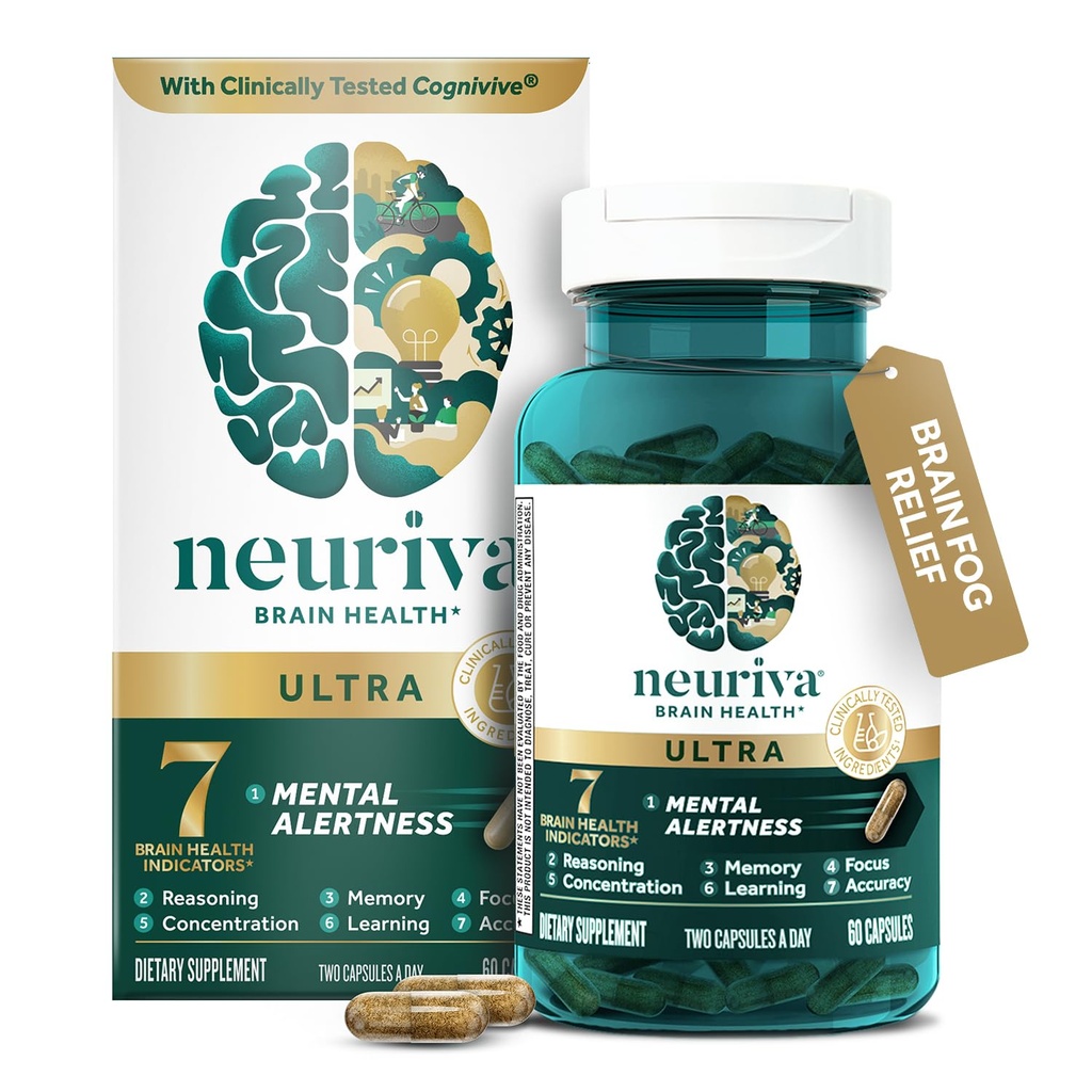 Suplemen Otak Nootropic NeURIVA Ultra Deconsuminated Clinically Teruji untuk Alertiness Mental, Memory, Fokus & Konsentrasi, Kognivive, Neurofactor, Phosfatidyserine, Vitamins B6 B12, 60 Capsules