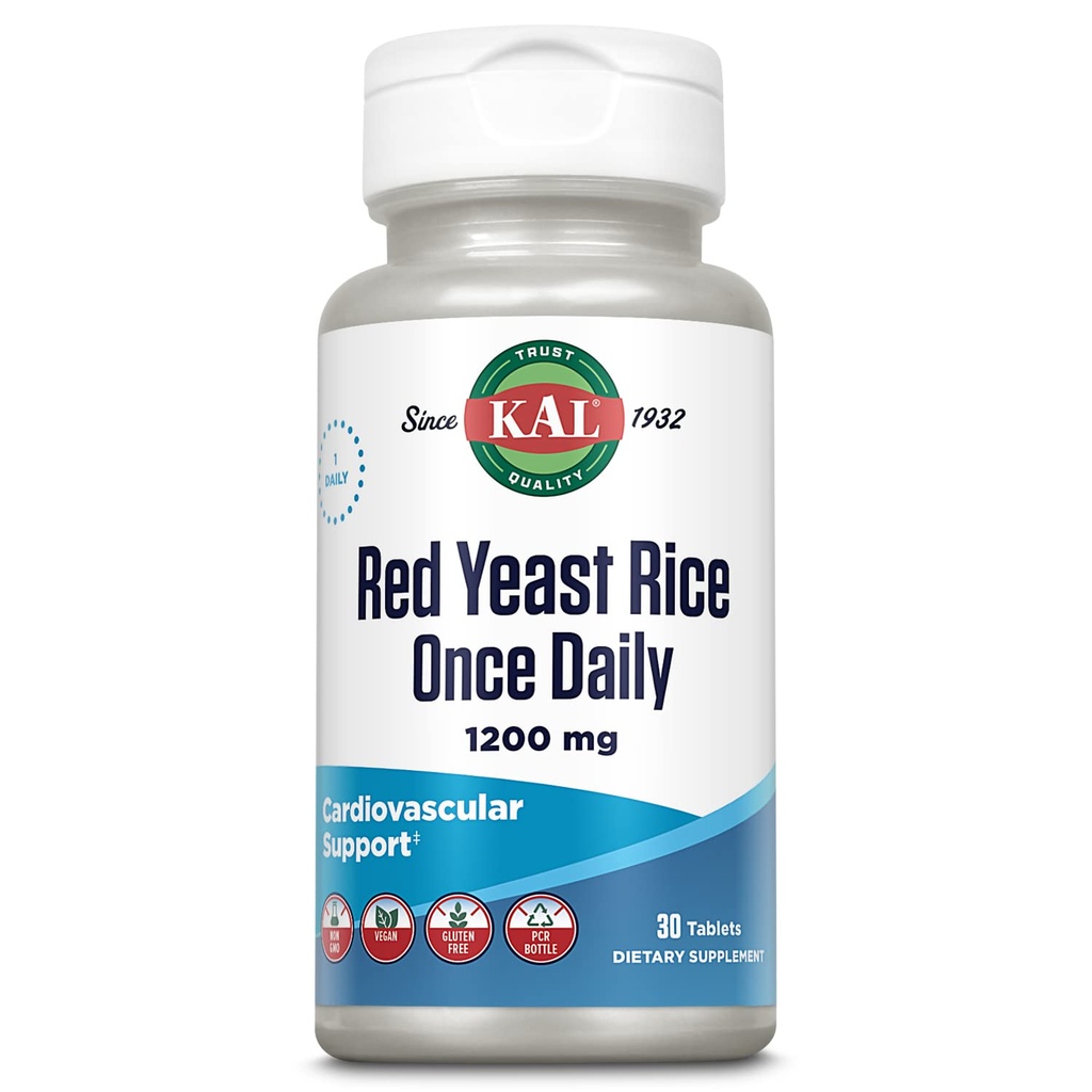 KAL Red Yeast Rice Once Daily 1200mg, Cardiovascular Suppport * Supplemen Acids, Amino Acids & Phytonutrients, Vegan, Gluten Free, 30 tablet