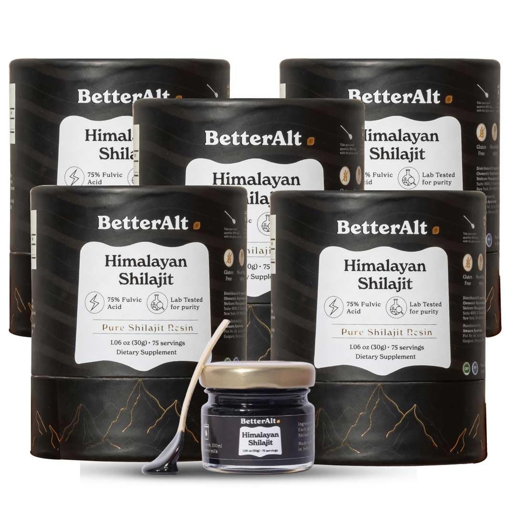 Lebih baik Alt Pure Himalaya Shilajit Resin Pack of 5 High Potency Gold Tingkat 375 Hamba untuk Dukungan Energi Boost & Imune, 85 + Trace Mineral, 75% + Fulvic Acid, dengan Laporan Tes Lab, 400 mg