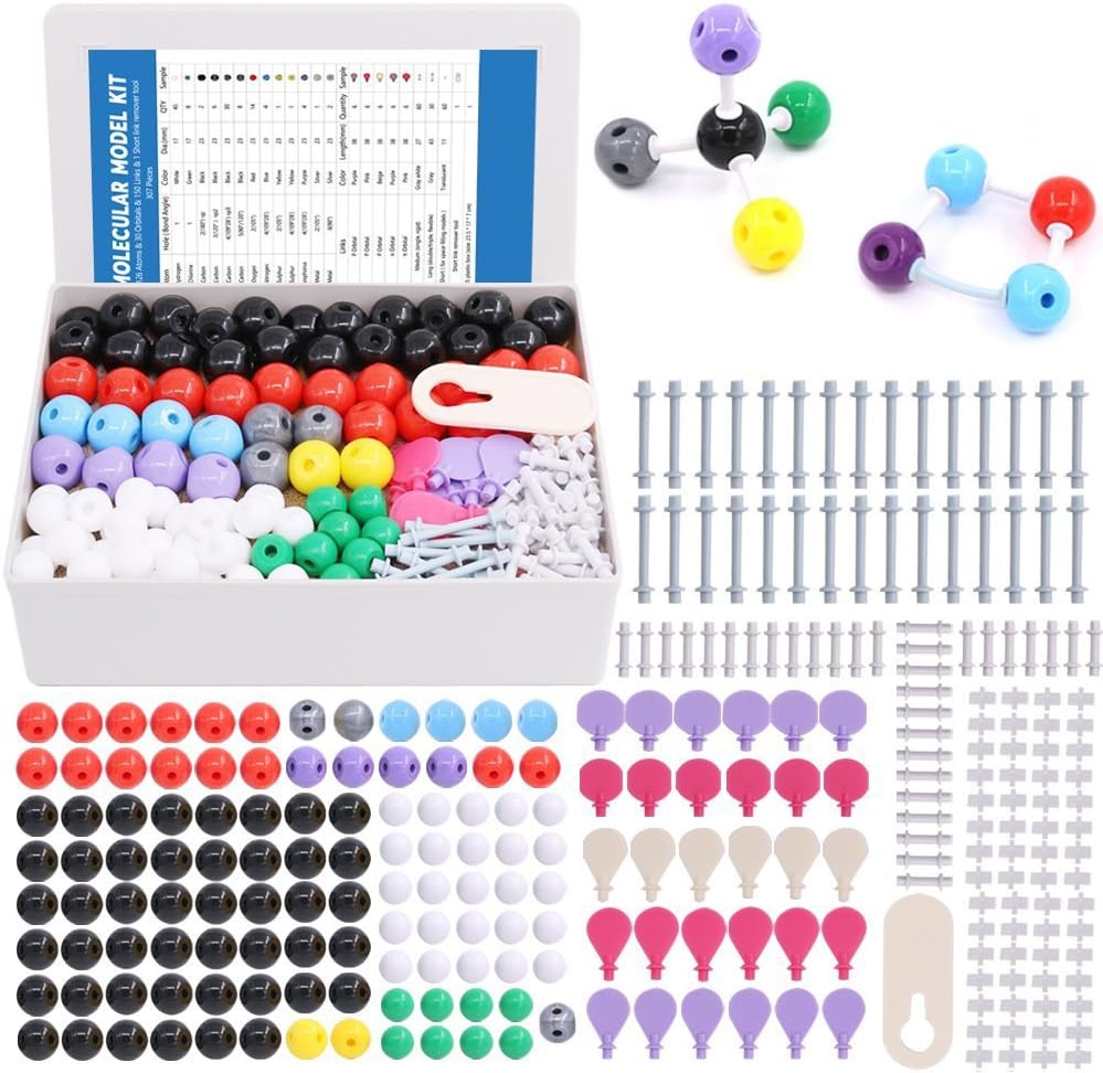 Swpeet 307 Pcs Molekuler Model Kit for Organik dan Kimia Inorganik - Kimia Molekuler Model Mahasiswa dan Guru Set - 126 Atom & 30 Orbit & 150 Links & 1 Alat Remover Link