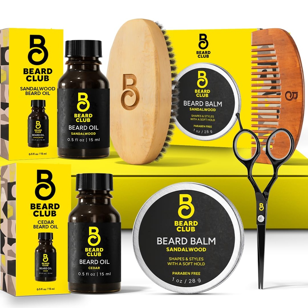 The Beard Club Beard Kit for Men - Grooming & Care Kit - Cedar & Sandalwood Oil, Sandalwood Balm, Boar Bristle Brush, Comb, Trimming Gunting - Ayah Gift Set