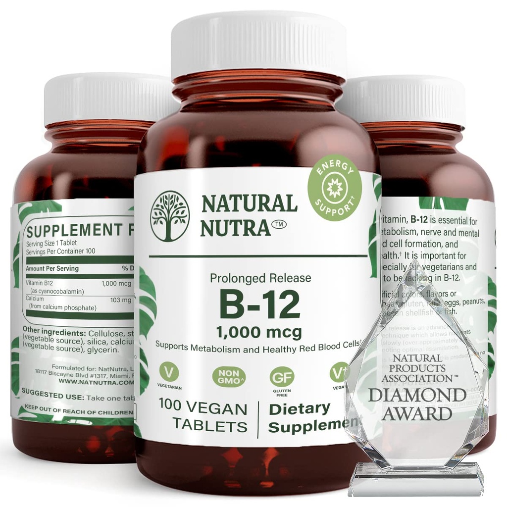 Nuttra Natural Vitamin B12 1000 mcg, ProvileHeart & Nerve Health, Cobalamin B12 Suplemen, Kalsium Fosfat, Bantuan Metabolisme Kesehatan, Optimal Absorpsi, Gluten Bebas, Gula Bebas, 100 Tegan Tablet