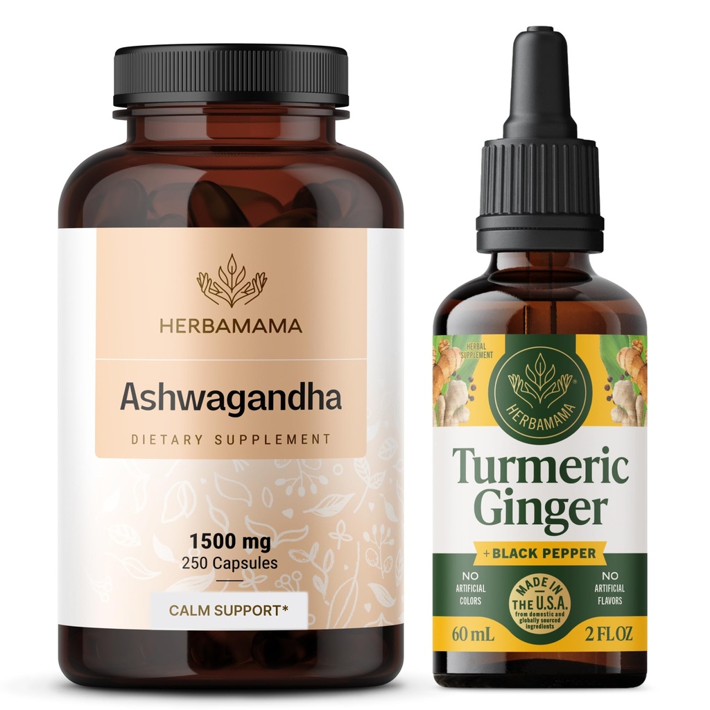 HERBAMAMA Ashwagandha dan Turmeric Ginger Kit - Bundle dari 1500 mg Ashwaganda Root Capsules & Turmeric Ginger Tincture 2 - Vegan, Non-GMO, Sugar & Alcohol- Free - 2 Pack