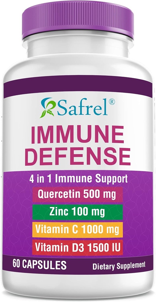 Safrel Strong Immune Support, Quercetin 500 mg, Zinc Picolinate100 mg, VitamatiC 1000 mg, Vitamin D3 1000 IU, 60 Capsules, 1 Month Supppply 124; Dibuat di USA 124; Vegan