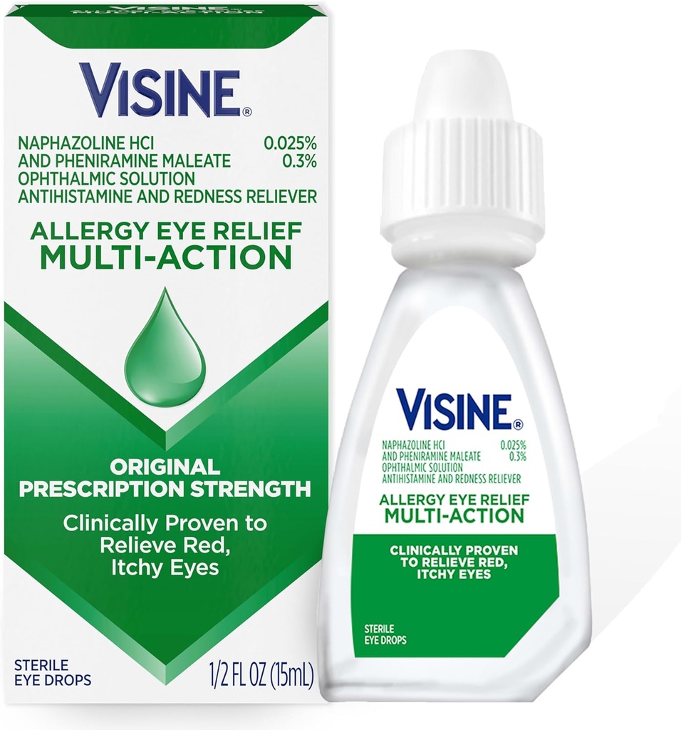 Visine Allergy Eye Relief Multi- Action Antihistamin & Reherness Reliever Eye Drops with Pheniramine Maleate & Naphazoline HCI, Allergy Eye Drop Treatment for Red, Itchy Eyes, 0.5 Flz