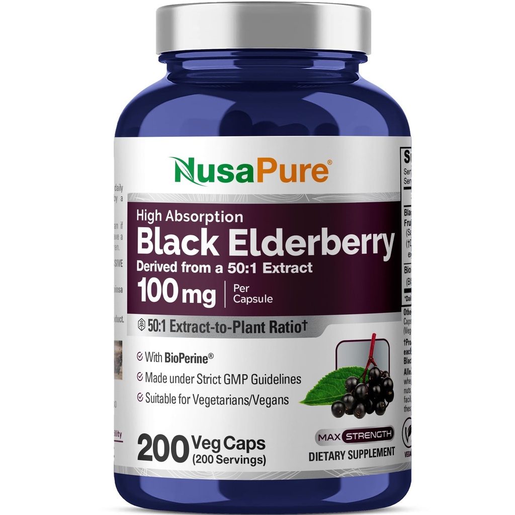 NusaPure Black Elderberry 50: 1 Ekstraksi, 100 mg Equilial untuk 50000mg per Vevgie Capsules, 200 Count (Non-GMO, Bioperin) Sambucus Suplemen