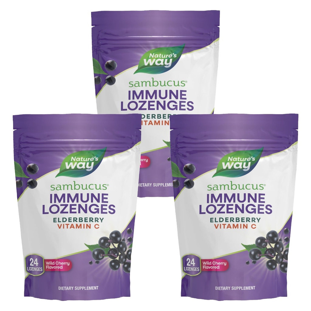 Nature 's Way Sambucus Immune Lozenges, High Potency Vitamin C, Elderberry, Wild Cherry Flavored, 24 Lozenges (Packing May Vary) - 3 Pack