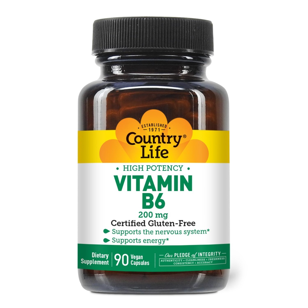 Country Life Vitamin B-6, High Potency, Support Energy and The Nervous System, 200mg, 90 Vegan Capsules, Certified Gluten Free, Cerdened Vegan, Cerfied Halal...