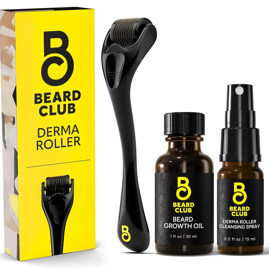 Klub Beard Derma Roller, Growth Oil & Cleansing Spray for Face, Body and Scalp - Micronedling for Men and Women With 540 Titanium Microneedles