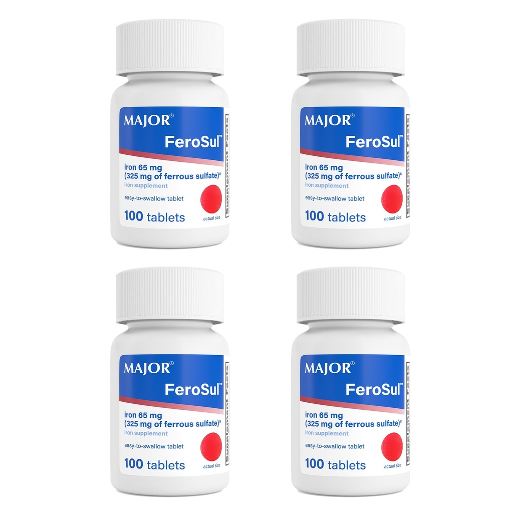 Mayor FeroSul - Ferrous Sulfate 325 mg Tablet - Iron Suplement for Women - Specially Coated Eister-to-Swallow Tablet - Merah - 100 Count (4 Pack)