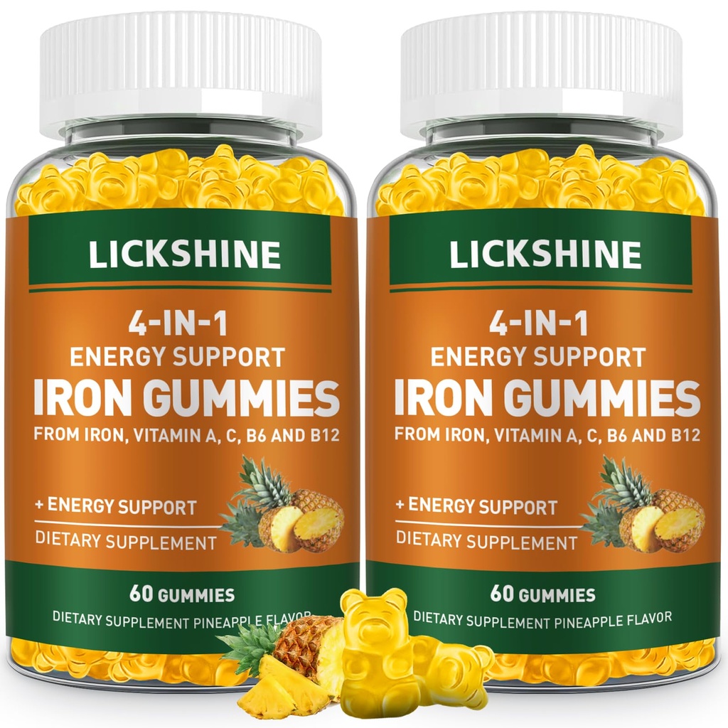 2 Pack Vegan 100MG Iron Gummies for Women & Men - with Vitamin C, A, B for Dewata & Kid - Dukungan Energi untuk Deficiency Besi, Anemia - Pineapple Flavor (120 Ct)