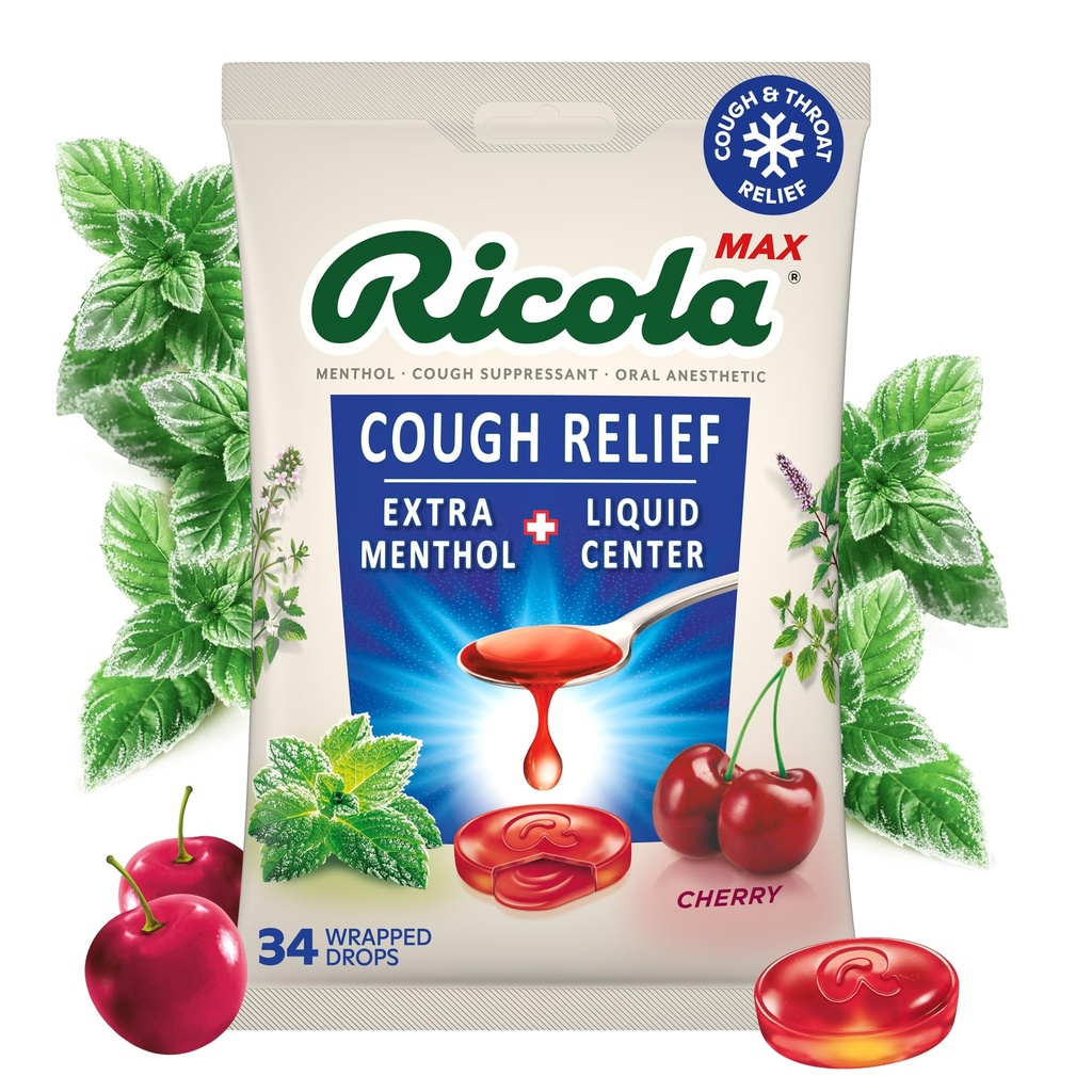 Ricola Max Swiss Cherry Throat Care Large Bag 124; Cough Suppresant Drops: 124; Dual Action Liquid Center 124; Soothing Long- Lasting Relief - 34 Count (Pack of 1)