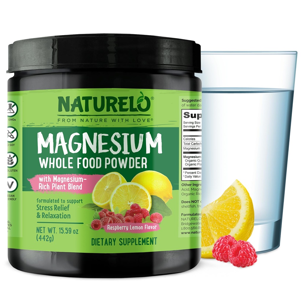 NATURELO Magnesium Powder - Whole Food Calm Magnesium Powder with Quinoa, Cameliflower, & Flaxseed for Stress Relief, Raspberry Lemon 85 Servis, 15oz