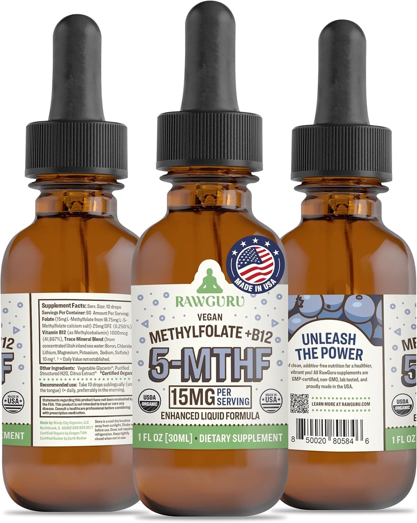 RawGuru L-Methylfolat 15 mg + Vitamin B12 - Metode Vegan Organik B12 dengan Trace Minetal - Nano - Diproses & Enhanced Liquid Formula - 300 Servis Vegan Drops per 30 ml, Kemasan 1