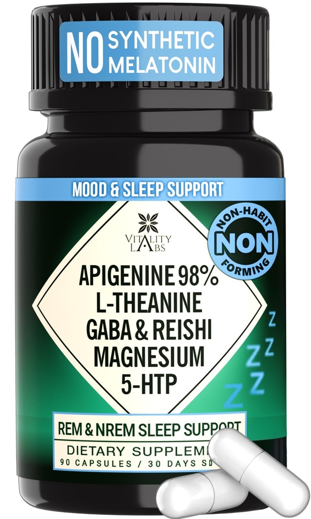 Tambahan Bantuan Tidur Alam untuk Orang Dewasa Tanpa Melonatin- Non- Habit Membentuk Herbal - GABA, L- Theanine, Reishi Mushroom, Apigenin, Magnesium Glycinate, 5- HTP - 90 Vegan Capsules