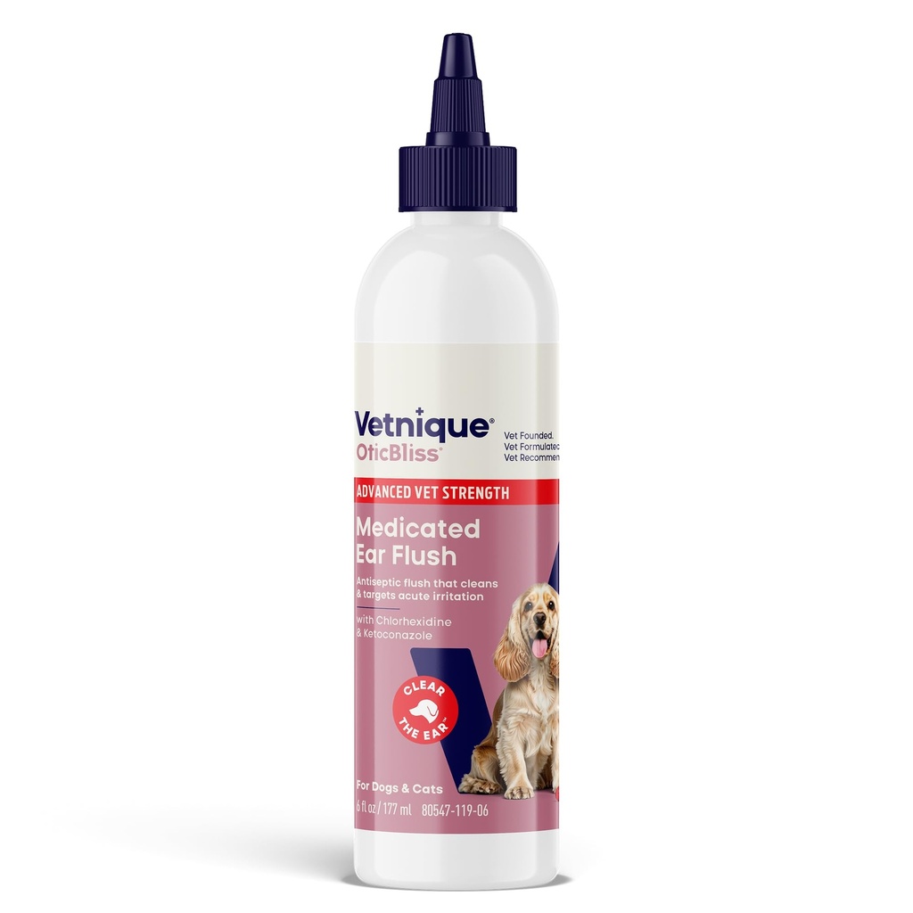 Vetnique Oticbliss Advanced Energy Treating Dog Ear, Antiseptic Ear Cleaner for Cat & Dog Ear Cleaning Solution Chlorhexidine & Ketoconazole (6oz Flush)
