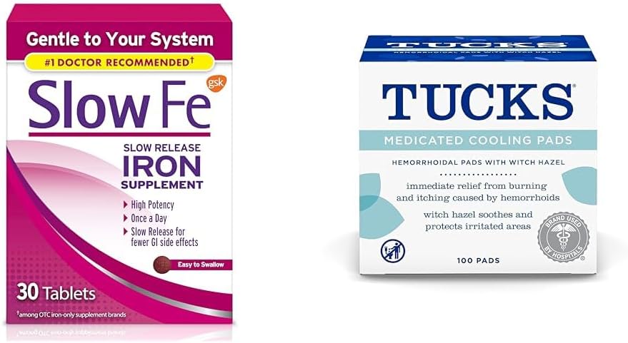Slow Fe 45mg Iron Supplement for Iron Deficiency Tablet & Tucks Diobati Cooling Pads for Hebrihoids, 100 Count
