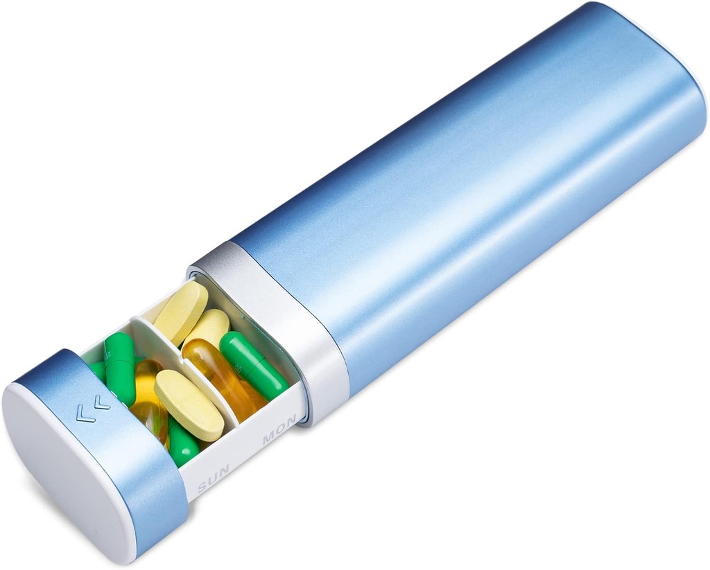 Betife Travel Pill Organizer Weekly 7 Day, Compact Daily Pill Box, Portable Medicine Case, Cute Pill Hoder for Vitamin Suplemen, Drawer- Shaped Pistols (Blue)