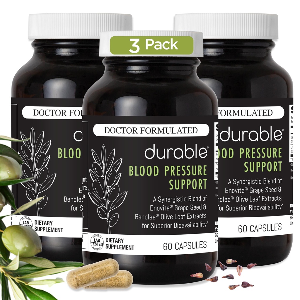 Durable Blood Pressure - Benolea Olive Leaf & Enovita Grape Extract - Sirkulasi Kesehatan, Nitric Oxide & Artery Dukungan - Dokter Formulasi, Vegan, Non- GMO, dibuat di USA (180 Capsules)