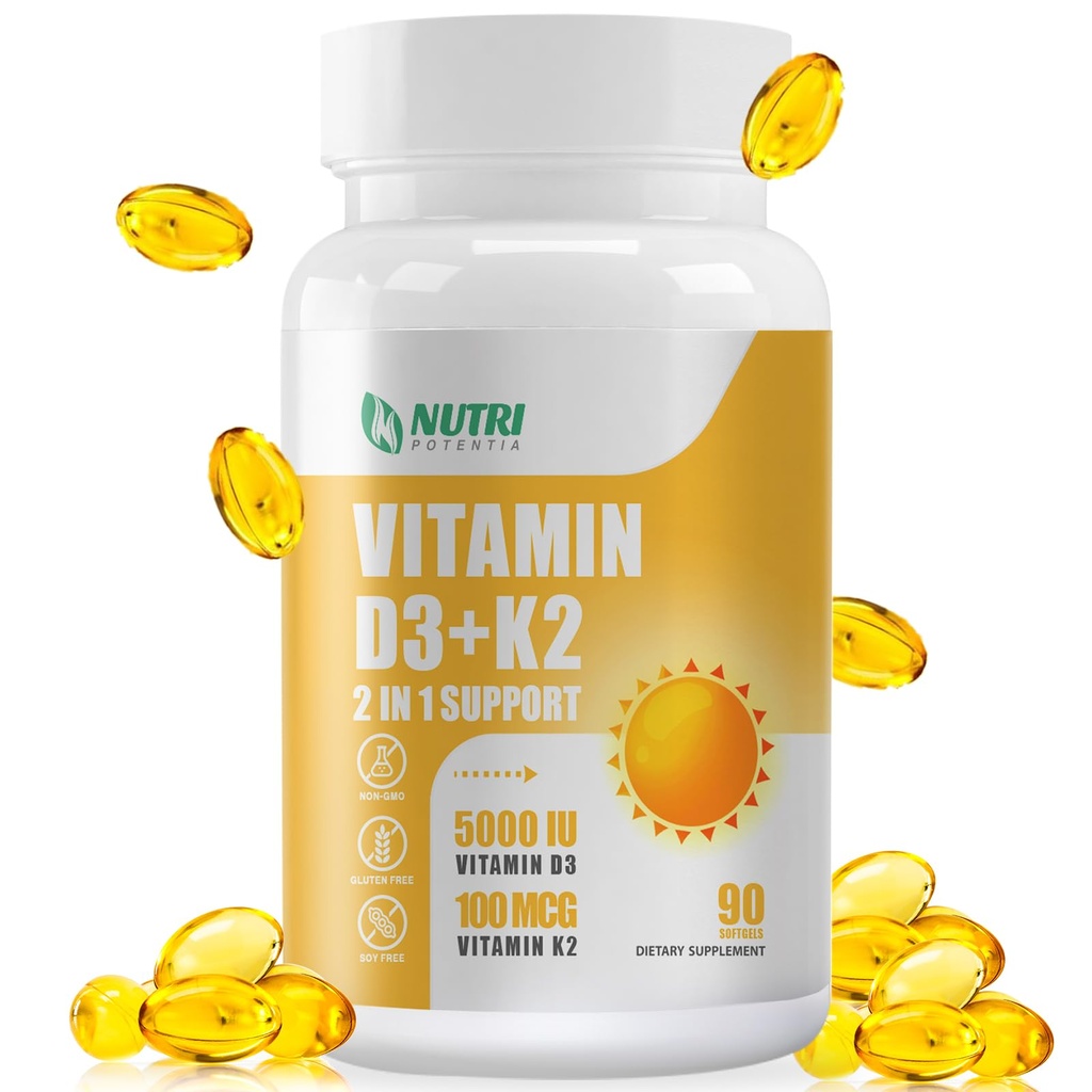 Vitamin D3 K2 Suplemen dengan MCT Oil, Vitamin D3 5000 IU dan K2 100 mcg Softgel, Suffel Bone and Heart Support, Gluten Free - 90 Count Softgels
