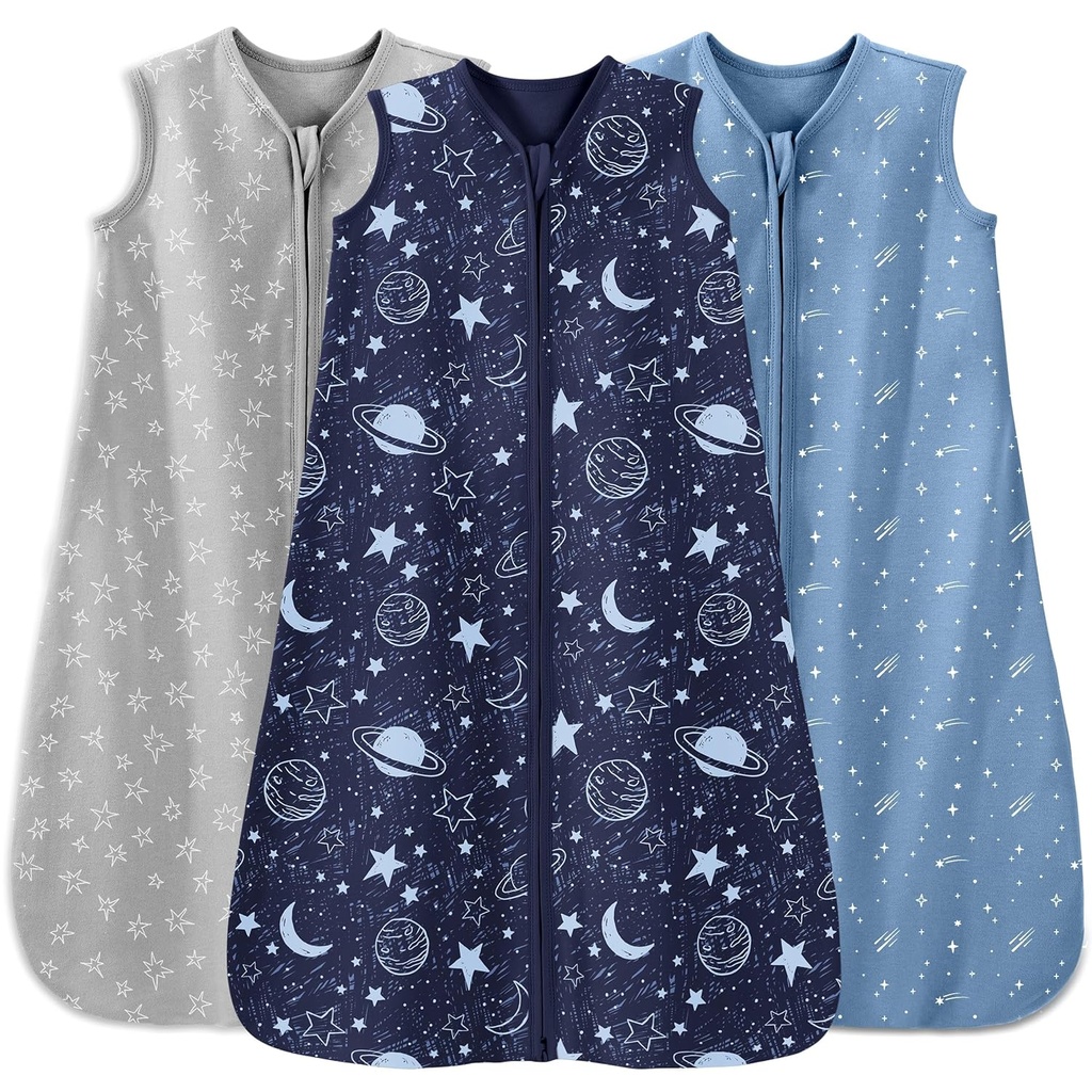 Baby Sleep Sack 12-18 Bulan 3 Paket 100% Cotton Lighweight 0.5 ToG Wearable Blanket Bayi Sleep Bag dengan 2Way Zipper untuk Bayi Toddler Biru