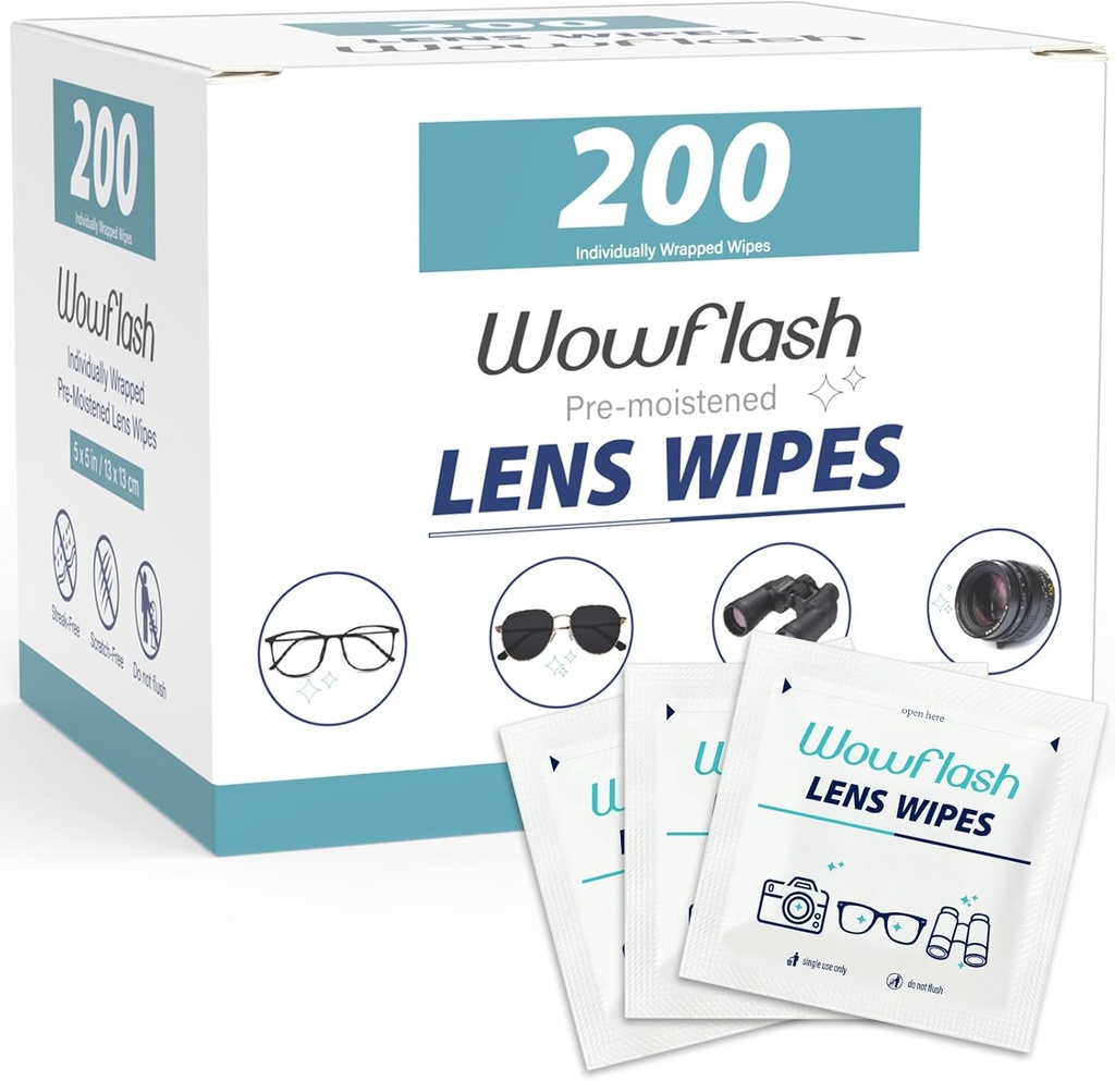 200 Count Lens Wipes for Eyeglass, Eyeglass Leaning Wipes Prepes Melontarkan Individually Wrapped Sacth-Free Eye Cleaner Wipes for Sunglass, Camera Lens, Goggles