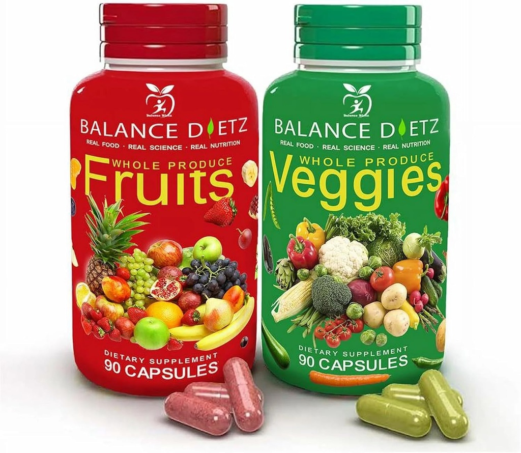 Fruits and Vegies Suplemen, 90 Fruit Kapsules dan 90 Vegies Capsules, Whole Food Suplemen dengan Buah dan Sayuran untuk Perempuan, Pria dan Anak-Anak 124; Set 1