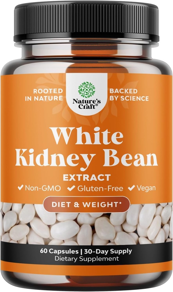 White Kidney Bean Extract Carb Blocker - White Ginney Beans Suplemen untuk Metabolisme Boost & Ease Kalories dari Starchy Food - Carb Control Suplemen - 60 Capsules