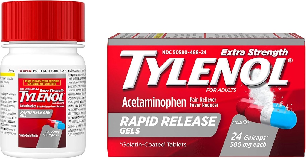 Tylenol Extra Strength Acetaminophen Rapid Rapid Gels, Pain Reliever & Fever Reducer, 24 ct