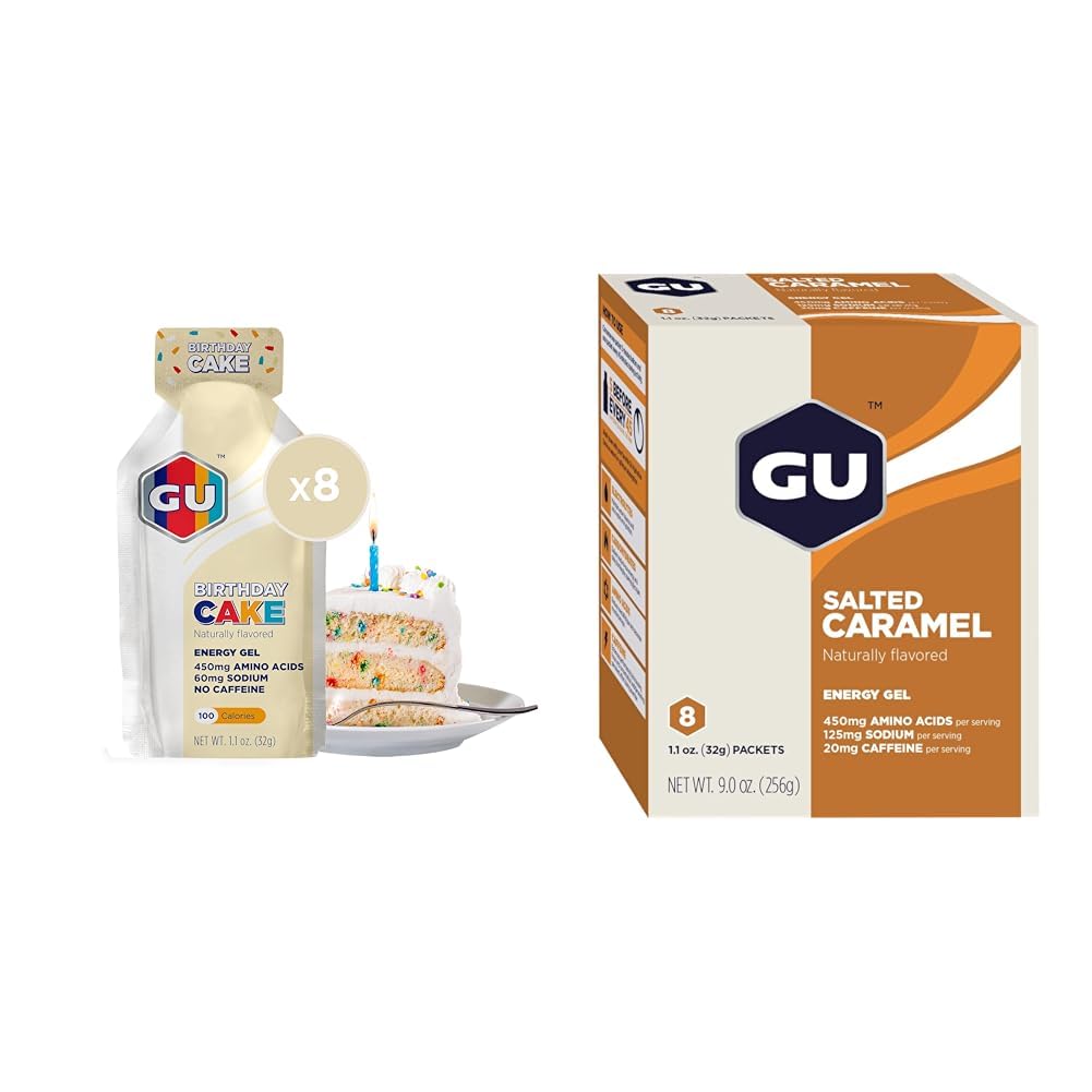 Gel Energi GU asli Nutrection Energy, 8- Count Birthday Cake dan 8- Count Salted Caramel Flavors