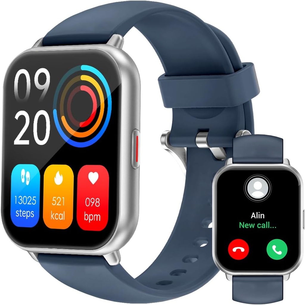 RUIMEN Smart Watches for Men Women (Jawaban / Membuat Calls, 2 Bands disertakan), 1.8 "Smartwatch for iOS / Android Phones, Fitness Tracker Heart Rate / Sleep Monitor Digital Watch Waterproof Blue