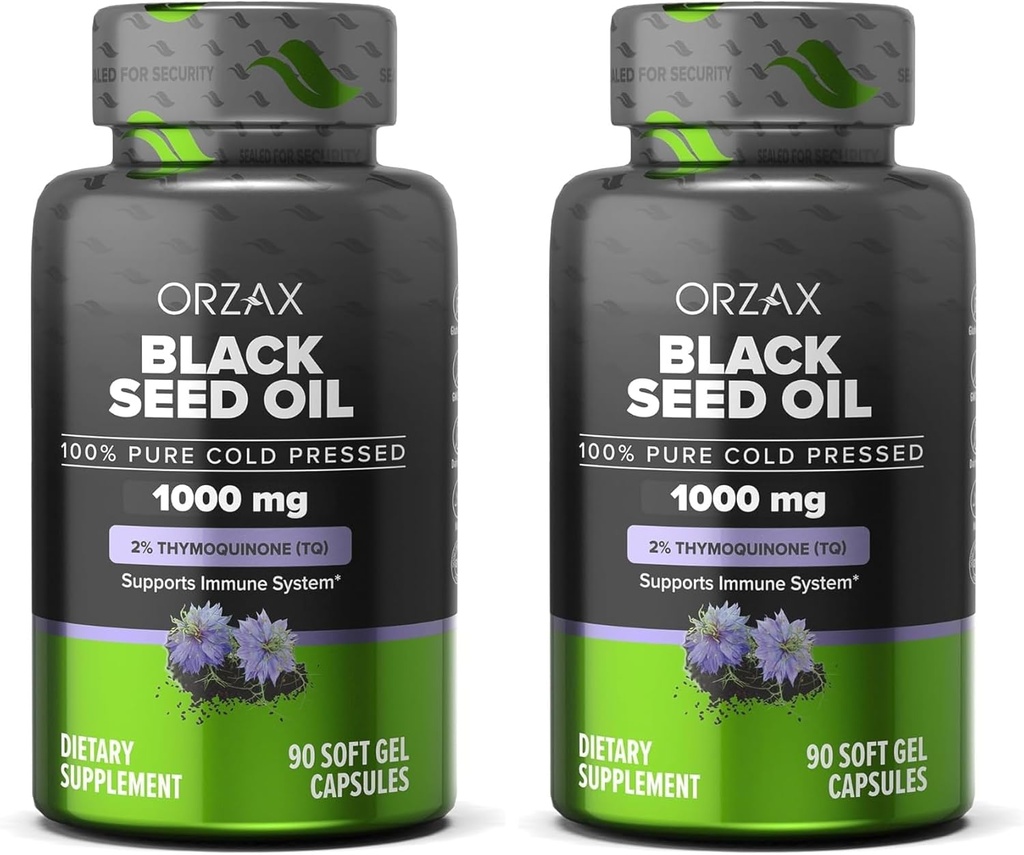 ORZAX Black Seed Oil 1000 mg Organic Cold Capsules for Hair, Skin, and Joints - Rich in Omega 3 69 - Non-GMO, Gluten Free - (90 Soft Gel Kapsul) (Paket 2)