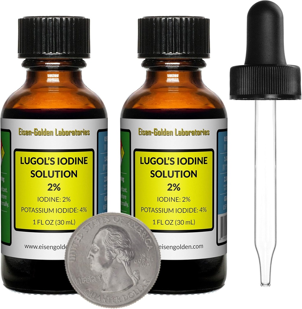 Lugol 's Iodin / 2% Solution / 2 Oz dalam Two Amber Glass Bottles / Free Droppers / USA