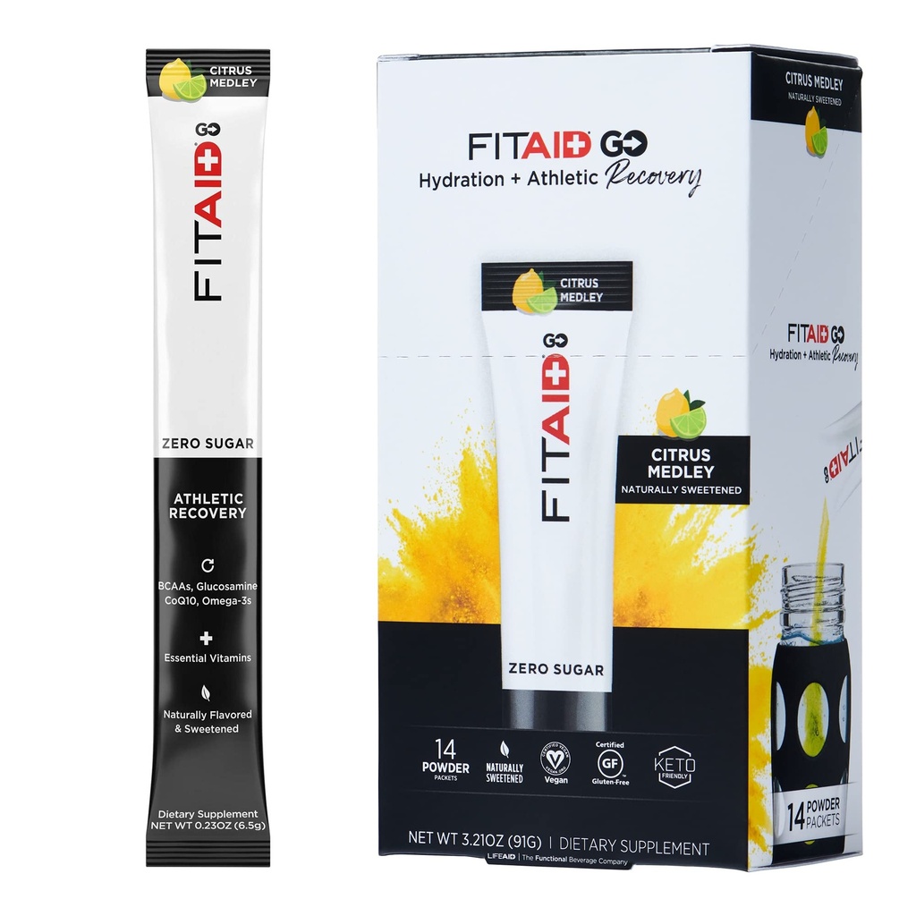 FITAID GO ZERO SUGAR Recovery Hydration Packet, W / BCAAs, Glucosamin, Electrolite, Omega-3, 100% Clean, Keto-friendly, Vegan & Gluten- Free, 5 kalori, alami Sweetened, 14 pack